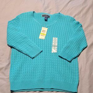Karen Scott Cable-Knit V-Neck Sweater PM Teal